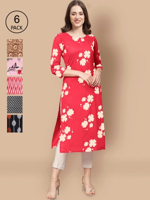 

KALINI Women Pack Of 6 Geometric Printed Block Print Crepe Kurta, Red