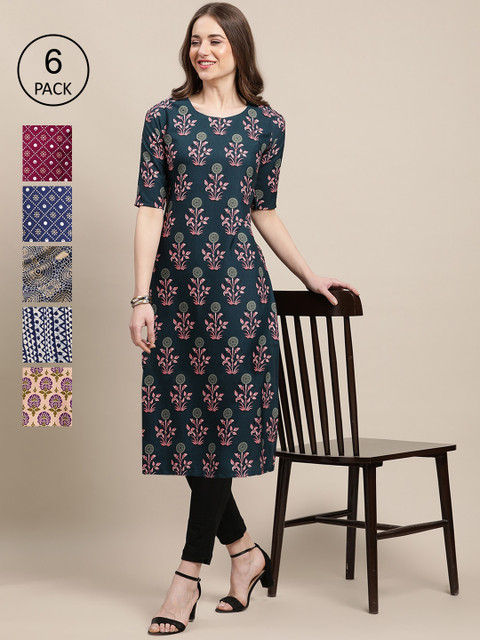 

KALINI Women Multicoloured Floral Printed Keyhole Neck Mirror Work Block Print Crepe Kurta, Multi