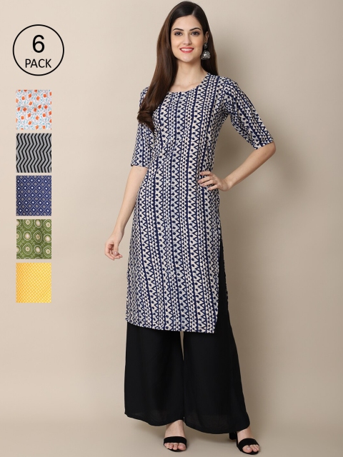 

KALINI Women Pack Of 6 Printed Crepe Straight Kurta, Blue