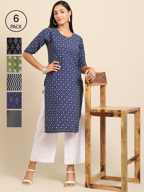 

KALINI Women Pack Of 6 Multicoloured Ethnic Motifs Printed Crepe Kurta, Multi