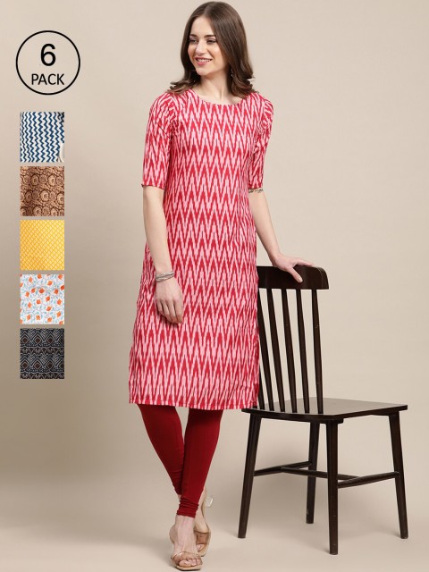 

KALINI Women Pack Of 6 Ethnic Motifs Printed Block Print Crepe Kurtas, Red