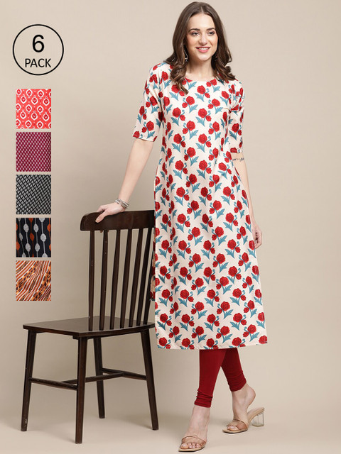 

KALINI Women Pack of 6 Peach-Coloured & Black Printed Block Print Crepe Kurta