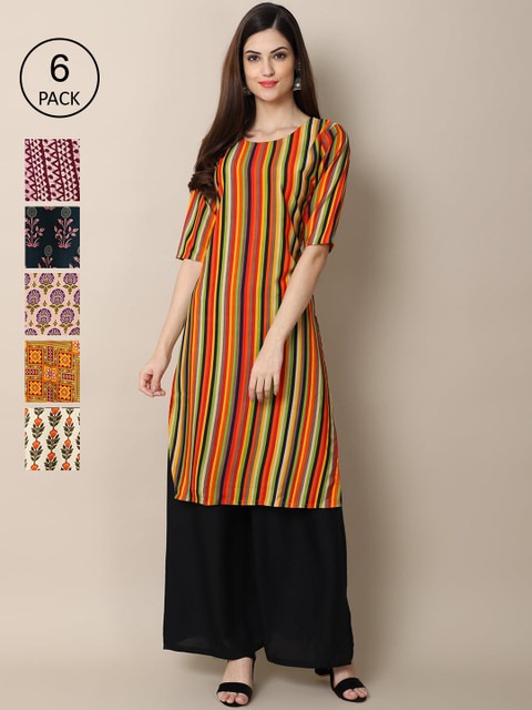 

KALINI Women Orange & Pink Pack Of 6 Geometric Block Print Crepe Kurta
