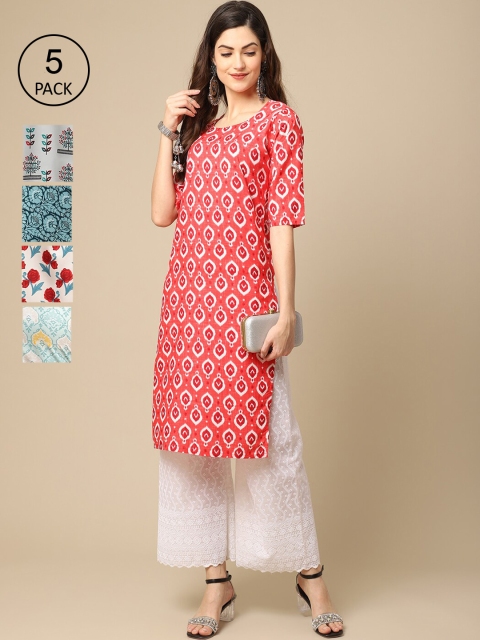 

KALINI Pack Of 5 Women Printed Crepe Kurta, Red