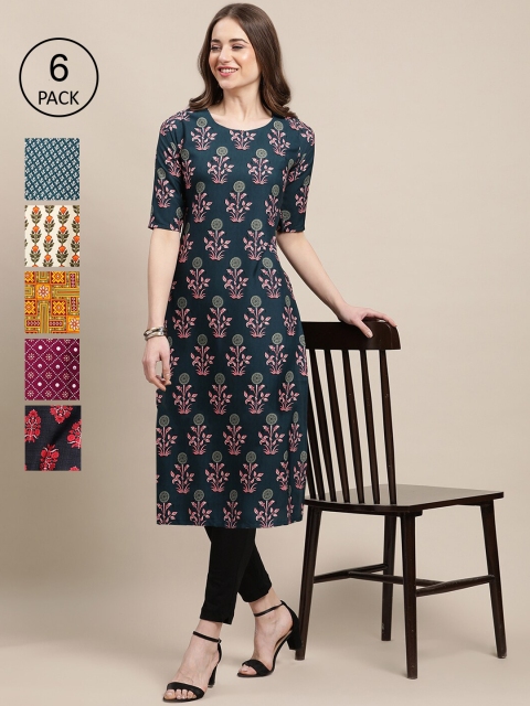 

KALINI Women Pack Of 6 Digital Printed Straight Crepe Kurta, Olive