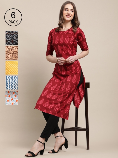 

KALINI Women Pack of 6 Red & Yellow Ethnic Motifs Dyed Block Print Crepe Kurta