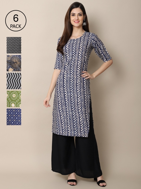 

KALINI Women Blue Green Geometric Printed Thread Work Block Print Crepe Pathani Kurta, Multi