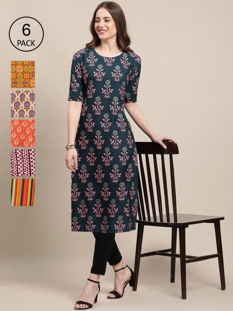 

KALINI Women Pack of 6 Block Printed Crepe Kurtas, Navy blue