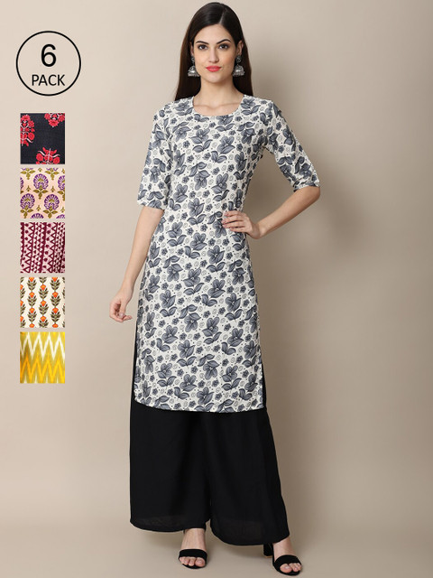 

KALINI Women Pack of 6 Black & Yellow Ethnic Motifs Printed Crepe Kurta