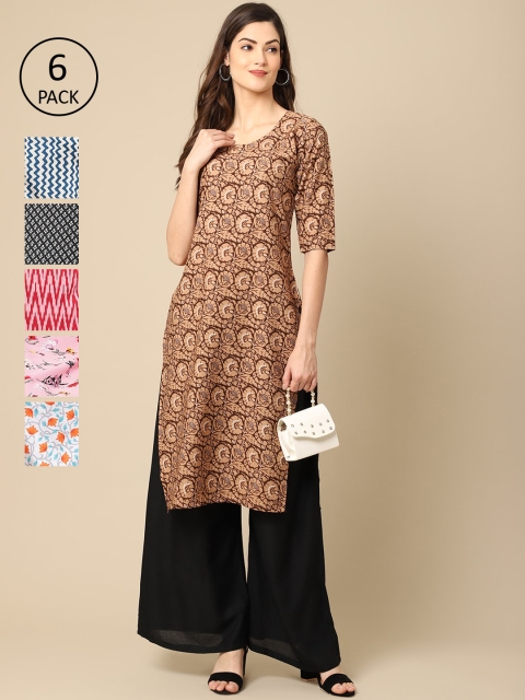 

KALINI WomenBrown And Red Geometric Printed Block Print Crepe Kurta [PACK OF 6], Brown