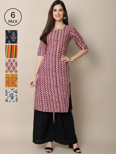 

KALINI Women Pack Of 6 Ethnic Motifs Printed Crepe Kurta, Multi