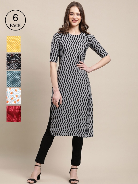 

KALINI Women Set Of 6 Yellow & Grey Geometric Printed Crepe Kurta