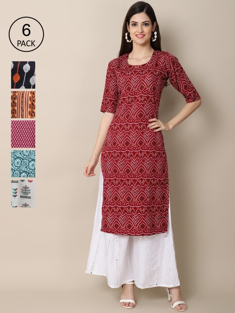 

KALINI Women Maroon & Blue Ethnic Motifs Printed Block Print Crepe Kurta