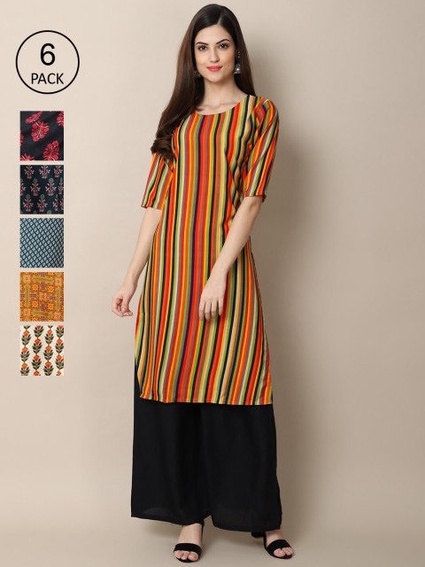 

KALINI Women PACK OF 6 Floral Printed Thread Work Printed Crepe Kurta, Multi