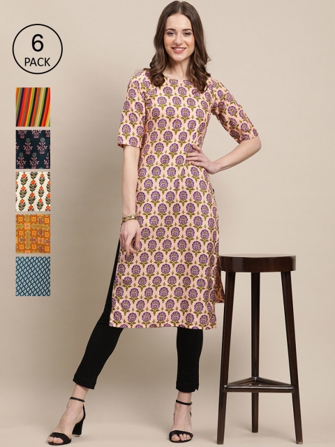 

KALINI Women Pack Of 6 Geometric Printed Crepe Kurta, Multi