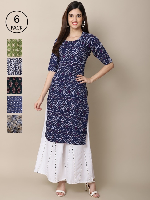 

KALINI Women Multicoloured Ethnic Motifs Printed Keyhole Neck Thread Work Block Print Crepe Kurta, Multi