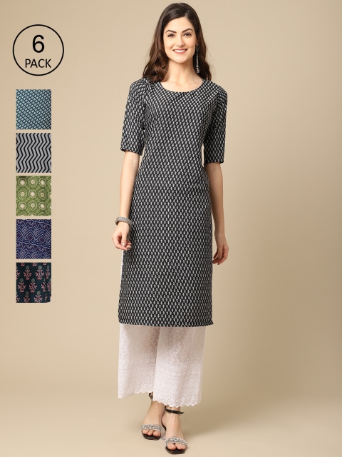 

KALINI Women Pack of 6 Multicoloured Geometric Printed Crepe Kurta, Multi
