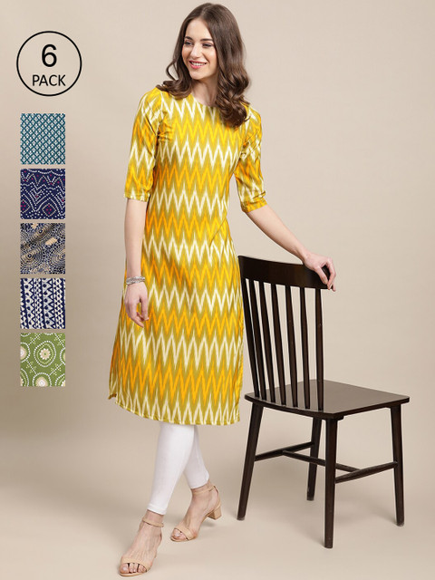 

KALINI Women Pack of 6 Multicoloured Ethnic Motifs Printed Crepe Kurta, Multi