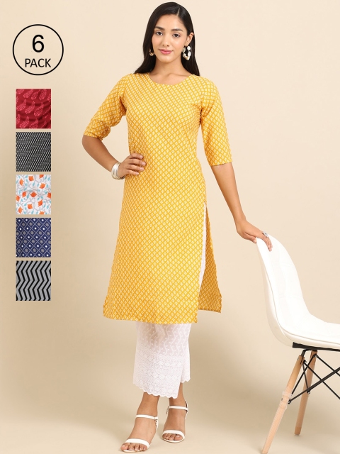

KALINI Women Pack Of 6 Ethnic Motifs Printed Block Print Crepe Kurtas, Yellow