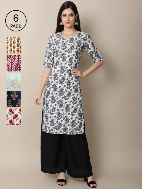 

KALINI Women Pack of 6 Floral Printed Block Print Crepe Kurta, Blue