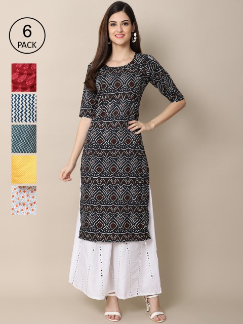 

KALINI Women Grey White Yellow Geometric Printed Block Print Crepe Kurta, Multi