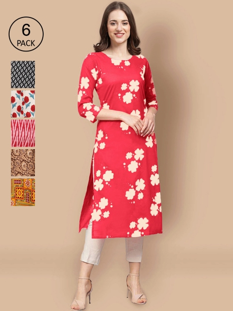 

KALINI Women Set Of 6 Pink & White Floral Printed Crepe Kurta