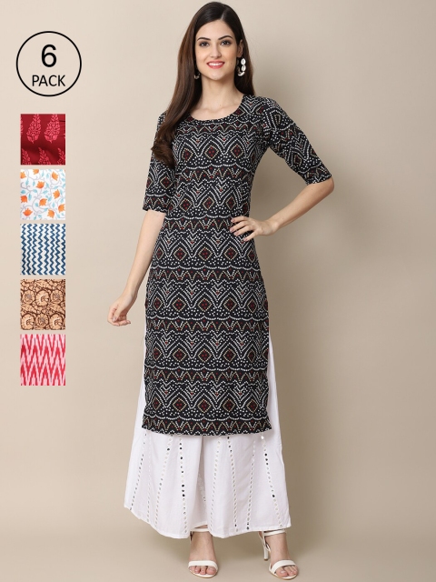 

KALINI Women Pack Of 6 Multicoloured Ethnic Motifs Printed Crepe Kurta, Multi
