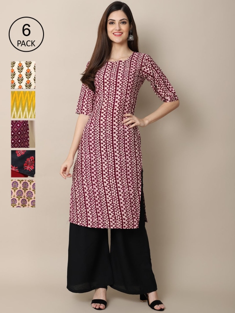

KALINI Women Pack Of 6 Digital Printed Crepe Kurta, Yellow