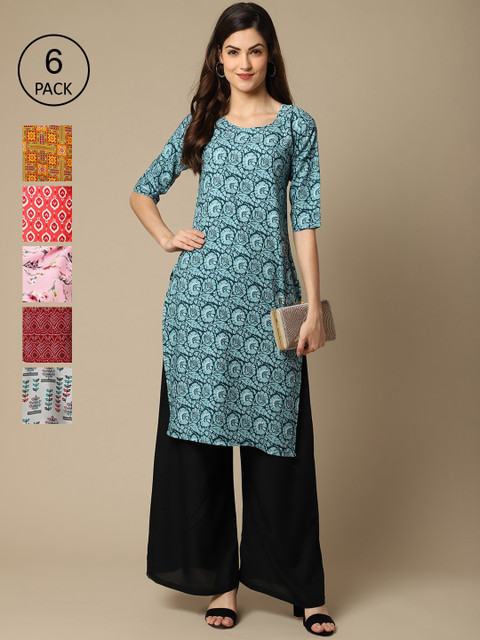

KALINI Women Pack of 6 Ethnic Motifs Printed Block Print Crepe Kurta, Blue