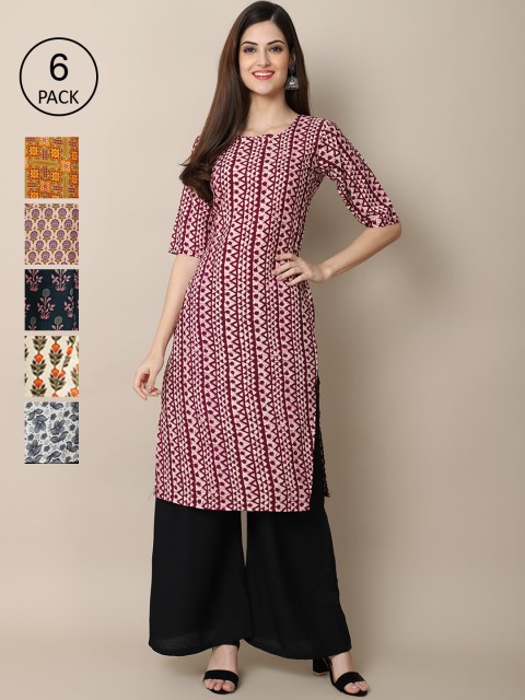 

KALINI Women Orange & Pink Geometric Block Print Crepe Kurta
