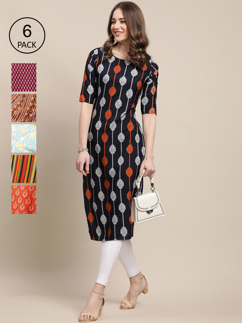 

KALINI Women Black & Pink Pack Of 6 Geometric Printed Block Print Crepe Kurta