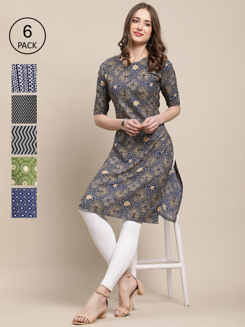 

KALINI Women Pack Of 6 Multicoloured Geometric Printed Crepe Kurta, Multi