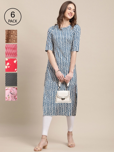 

KALINI Women Red & Blue Ethnic Motifs Printed Block Print Crepe Kurta