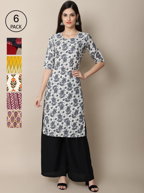 

KALINI Women Pack Of 6 Geometric Printed Thread Work Block Print Crepe Kurta, Grey