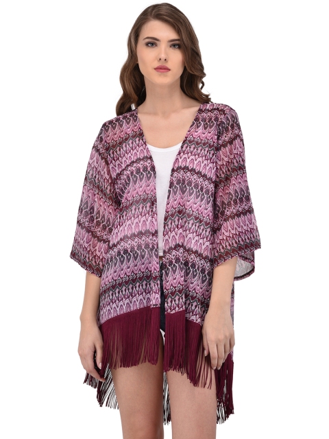 

PURYS Burgundy & Pink Printed Longline Shrug