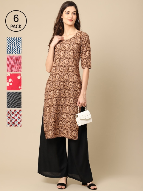 

1 Stop Fashion Pack of 6 Women Printed Crepe Kurta, Brown