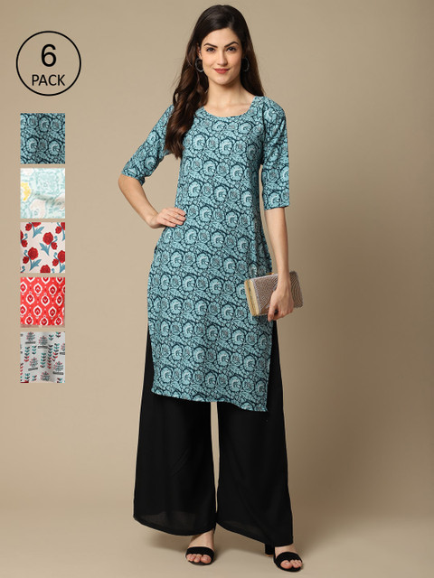 

1 Stop Fashion Pack of 6 Women Printed Crepe Kurta, Blue