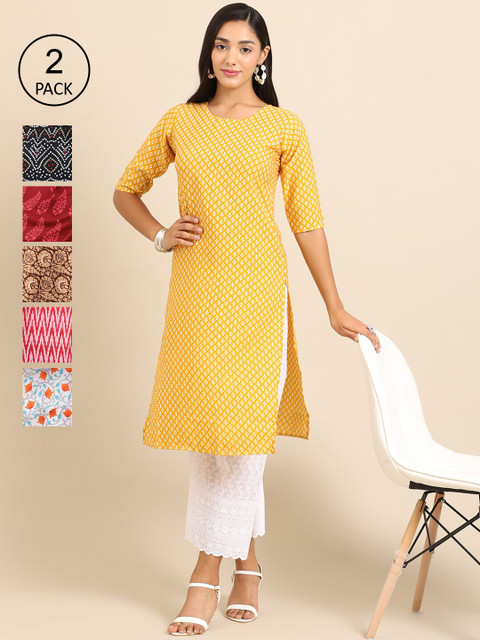 

1 Stop Fashion Women Pack Of 6 Yellow & Black Geometric Printed Summer Sheers Crepe Kurta