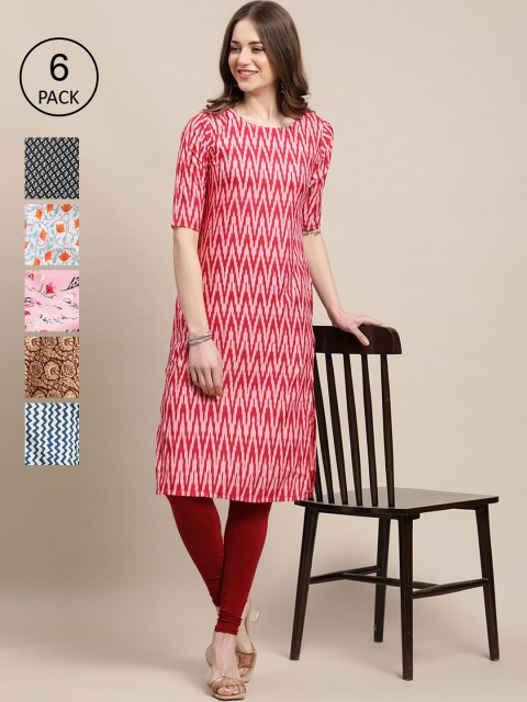 

1 Stop Fashion Women Pack of 6 Ethnic Motifs Printed Crepe Kurta, Multi