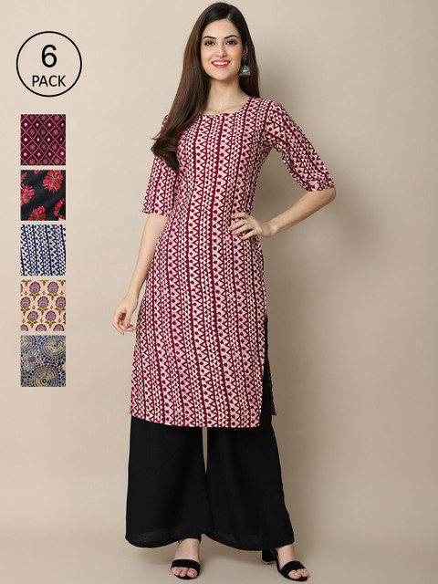 

1 Stop Fashion Women Pack of 6 Ethnic Motifs Printed Crepe Kurta, Multi