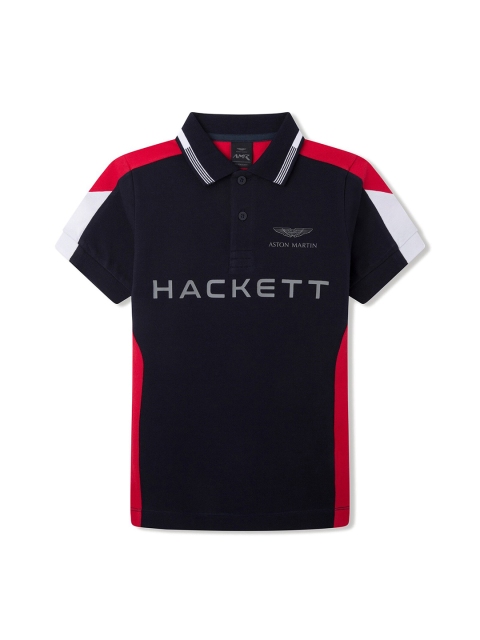

HACKETT LONDON Boys Navy Blue & Red Typography Printed Polo Collar T-shirt