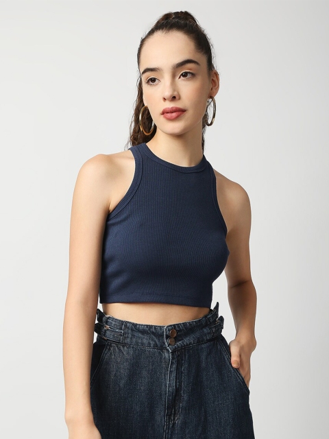 

CULT FICTION Navy Blue Indigo Ribbed Crop Top