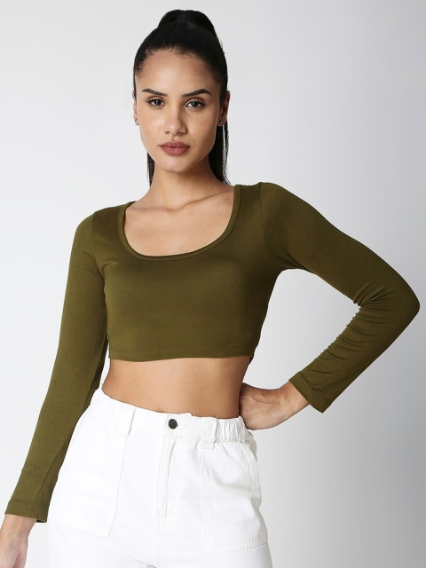 

CULT FICTION Olive Green Long Sleeve Slim Fit Crop Top
