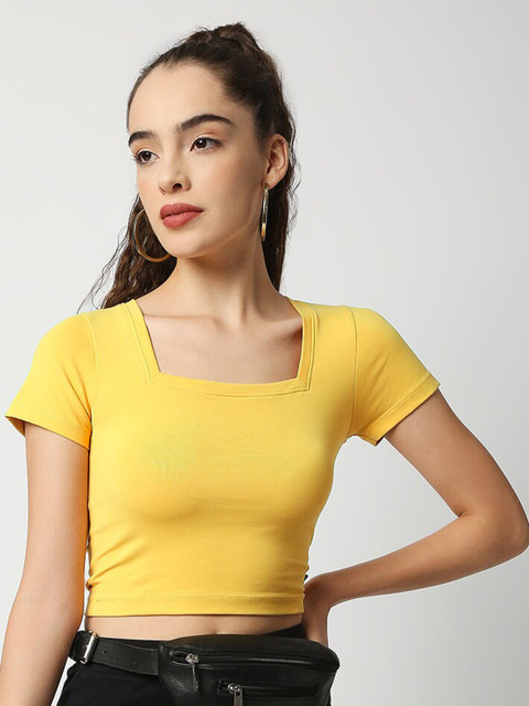

CULT FICTION Yellow Solid Square Neck Fitted Crop Top