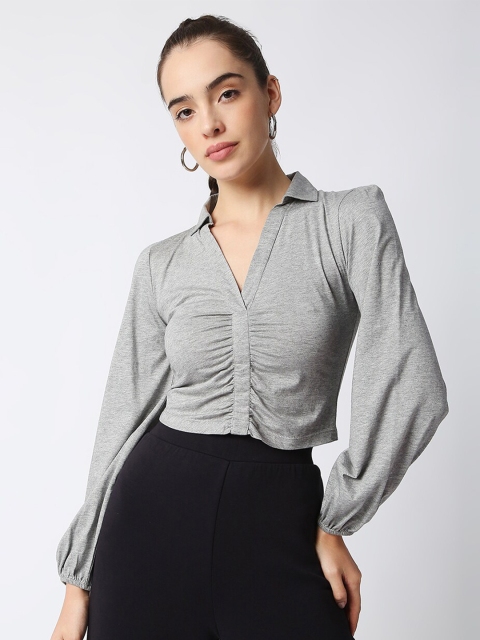 

CULT FICTION Grey Solid Shirt Style Crop Top