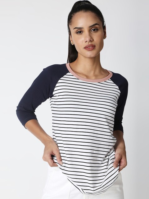 

CULT FICTION Women White & Navy Blue Striped T-shirt