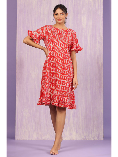 

JISORA Women's Red Cotton Printed Loungewear T-Shirt Night Dress