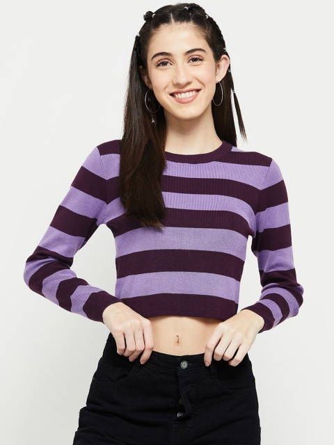 

max Women Purple Striped Long Sleeves Crop Top