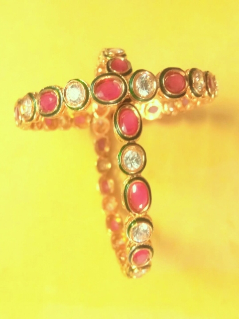 

Runjhun Set Of 2 Gold-Plated Pink Stone-Studded Bangles