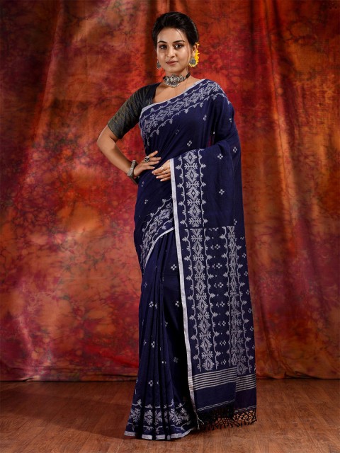 

Charukriti Blue & Silver-Toned Woven Design Pure Cotton Handloom Saree